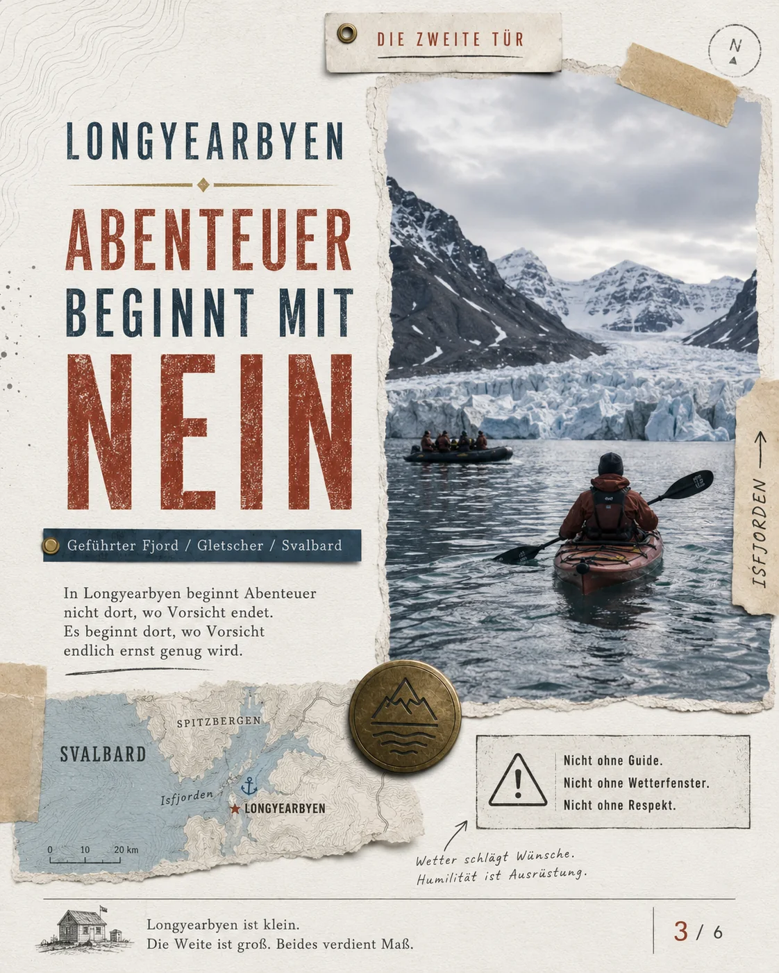 Longyearbyen zweite Tür: geführter Fjord im Sommerlicht, kaltes Wasser und kahle Berge