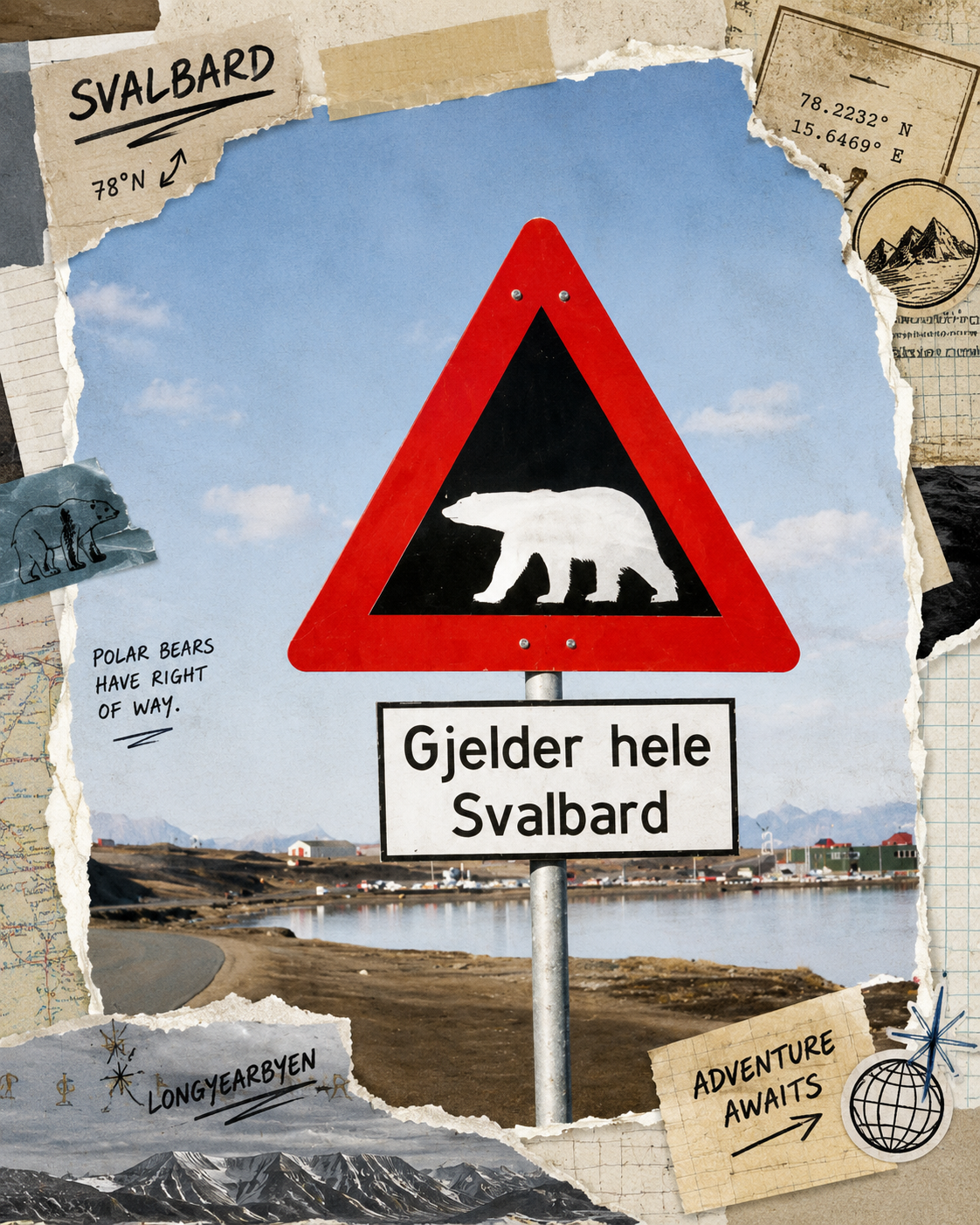 Scrapbook-Beleg: rotes Eisbär-Warnschild mit norwegischem Text ‚Gjelder hele Svalbard' vor Longyearbyen, umgeben von Karten-Fragmenten und Stempeln.