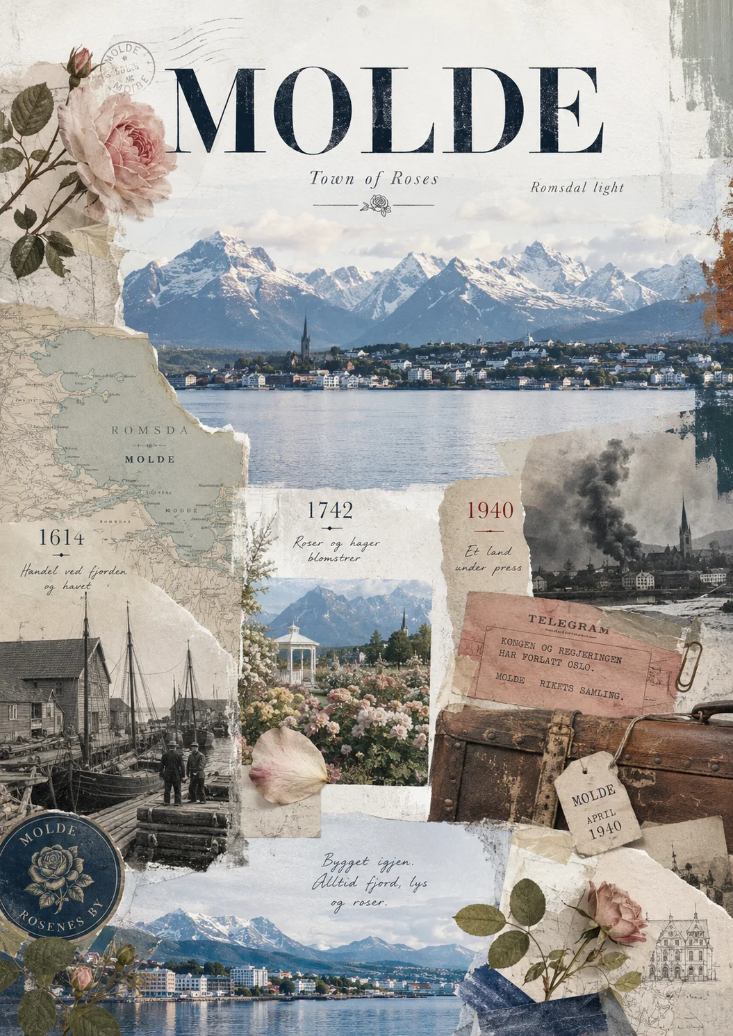 Molde-Archivtafel mit Rosenstadt, Wiederaufbau und Jazzspuren