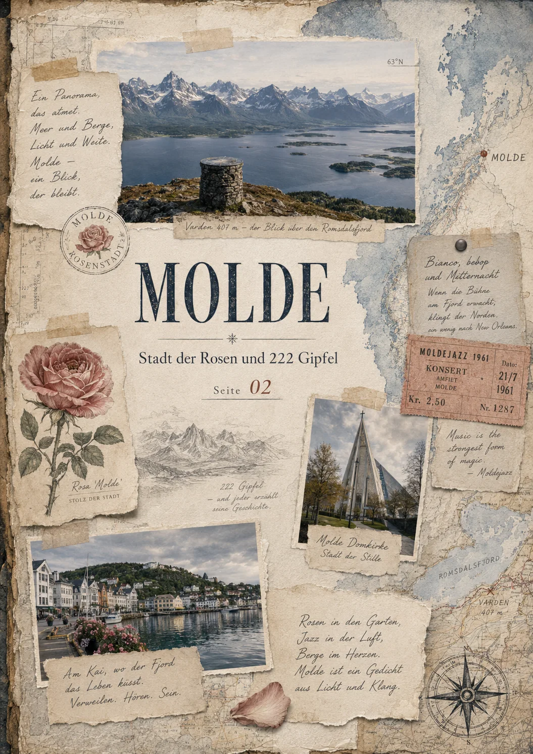 Molde als kuratierte Fieldbook-Tafel mit Fjordlicht, Bergen und Ortsnotizen