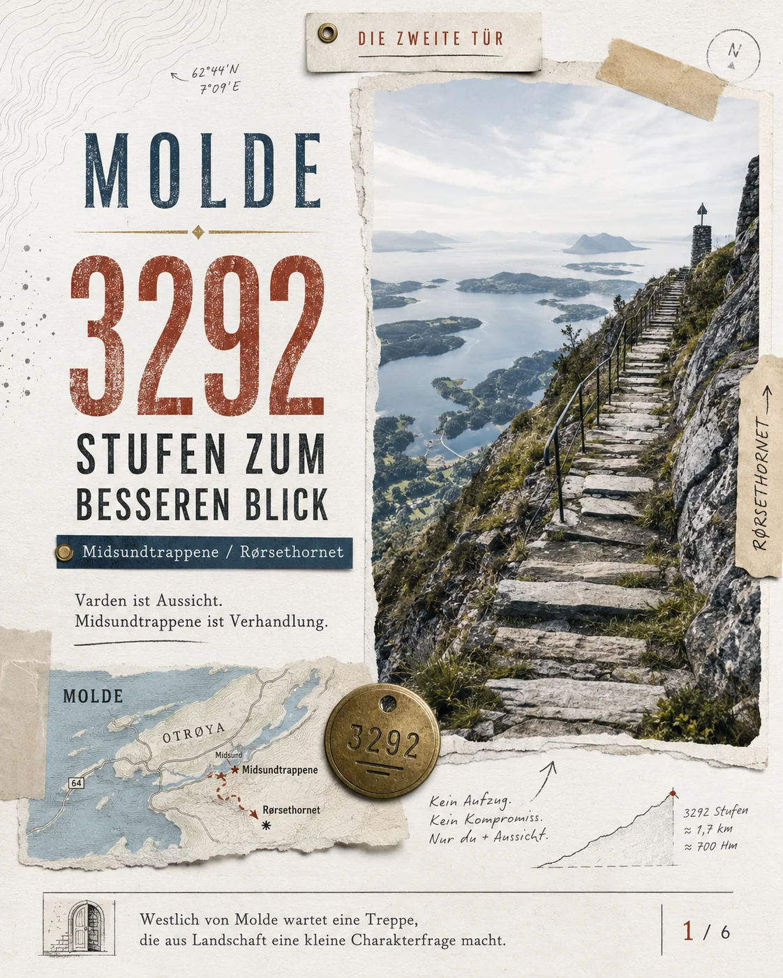 Molde zweite Tür: Midsundtrappene und Rørsethornet als Steintreppe über Fjord und Inseln