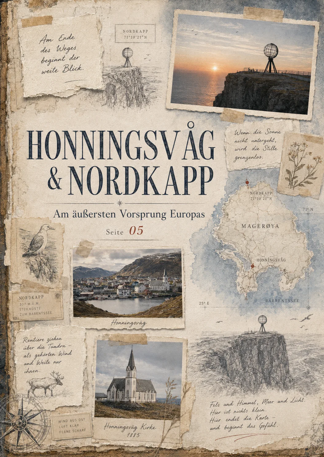Honningsvåg und Nordkap als Fieldbook-Tafel mit Plateau, Küstenlinie und Koordinaten