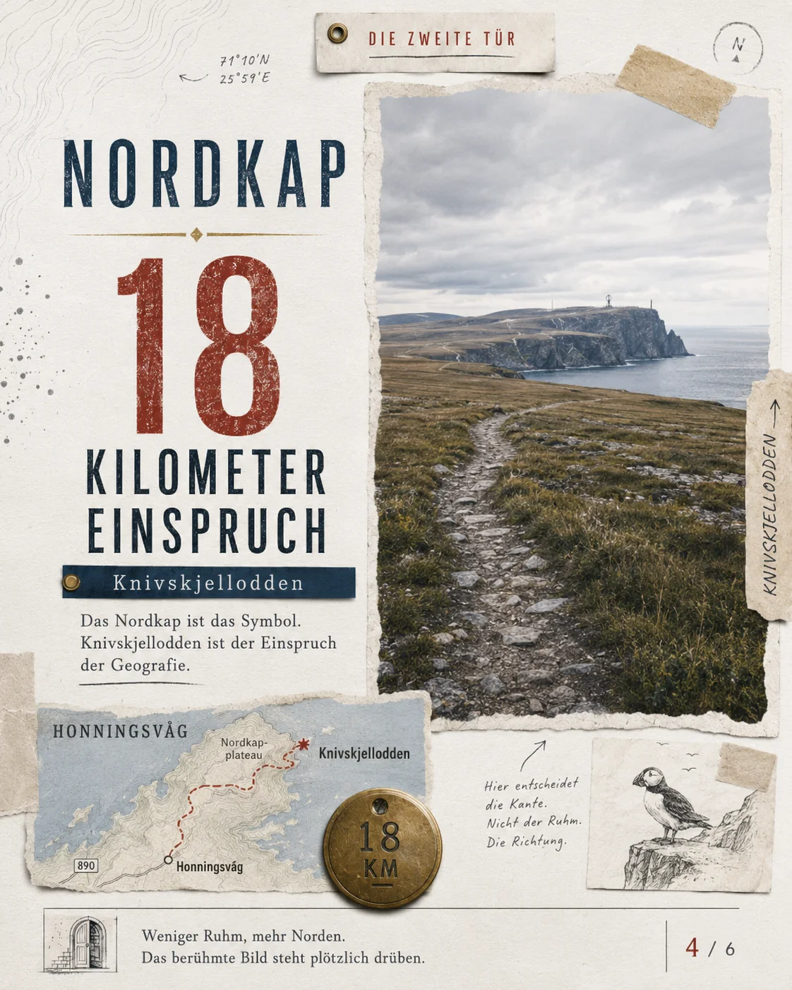 Nordkap zweite Tür: Knivskjellodden, Magerøya, Wind, Tundra und Meer