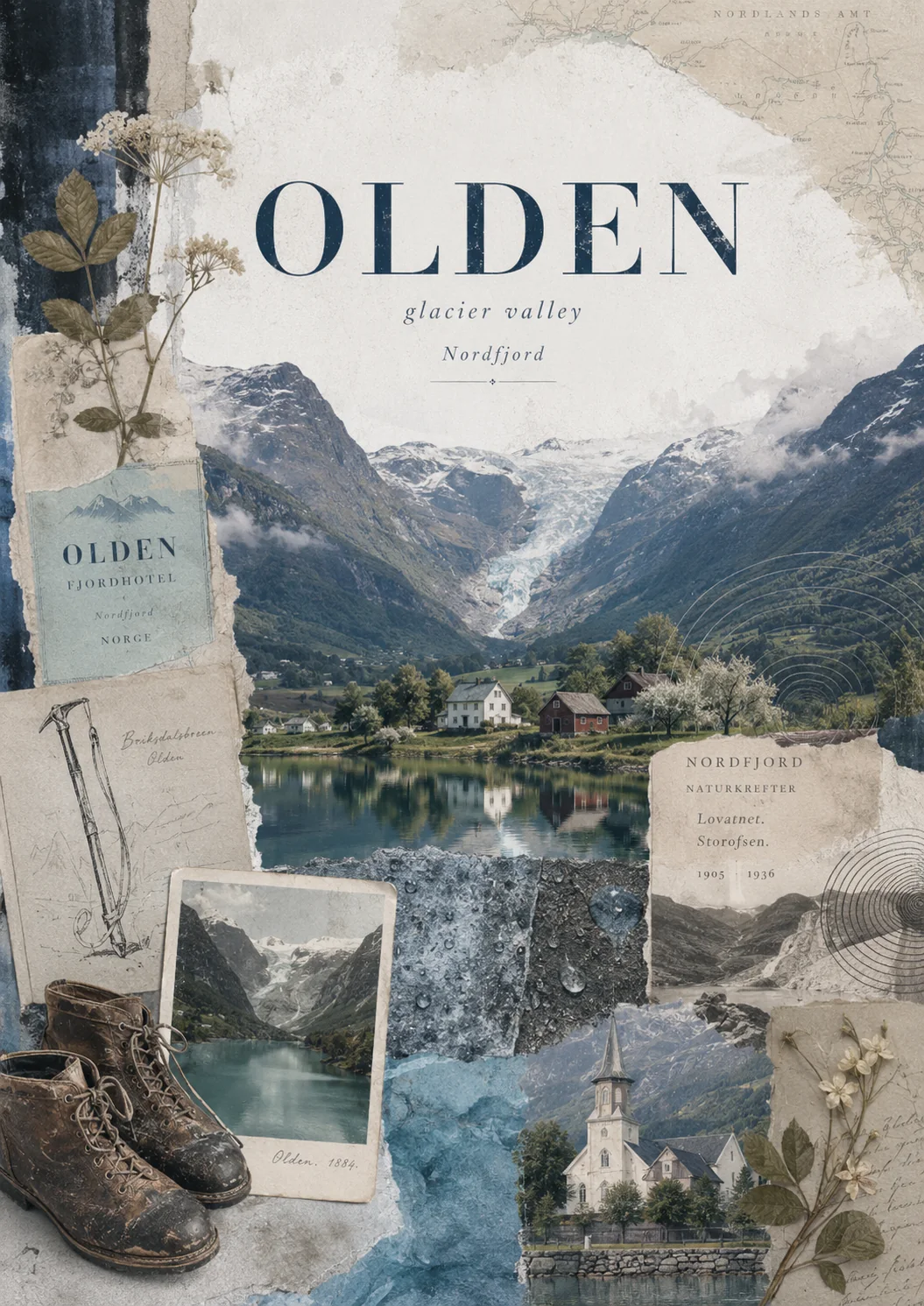 Olden-Archivtafel mit Wildblumen, Bauernhäusern und Wasserfallspuren