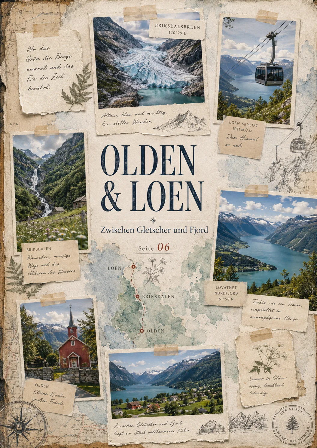 Olden und Loen als Fieldbook-Tafel mit Gletscher, Fjord und Talstruktur