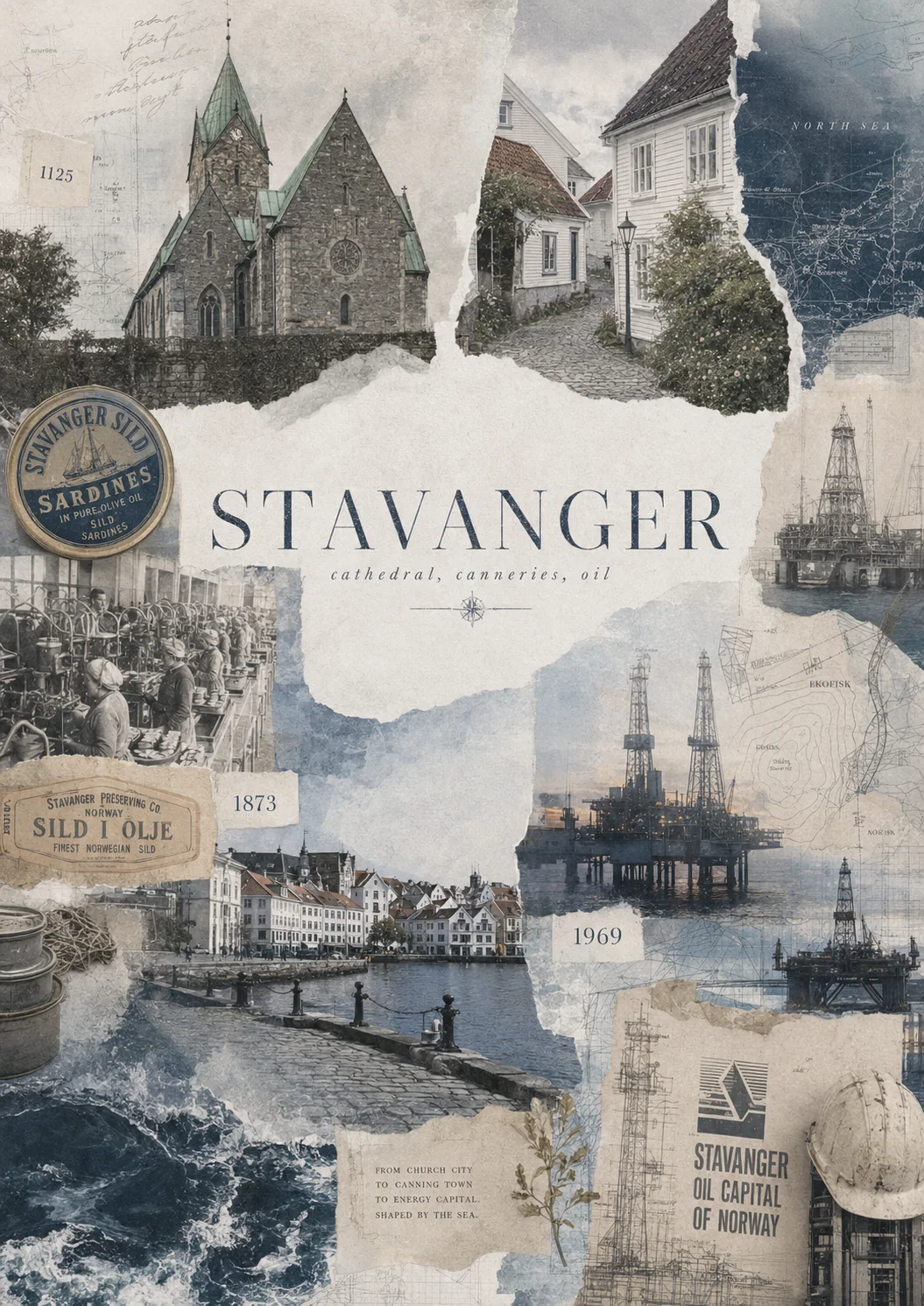 Stavanger-Archivtafel mit Stadtgeschichte, Ölarbeit und Küstenlogik