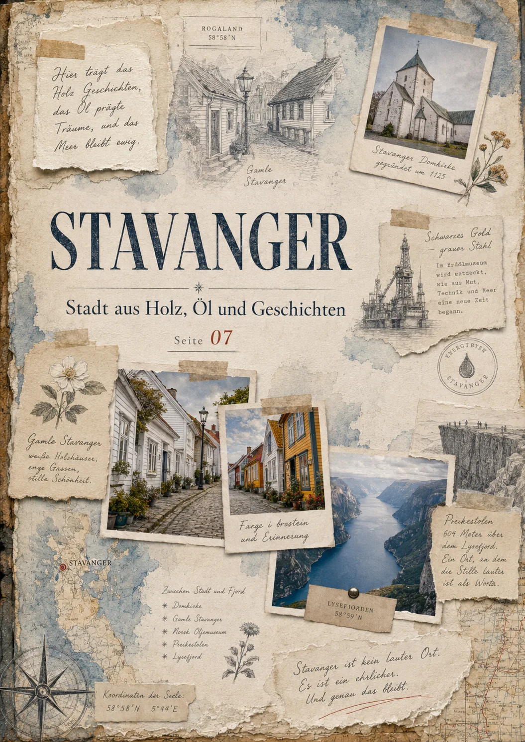 Stavanger als Fieldbook-Tafel mit Altstadt, Hafen und bewohnbarem Maßstab