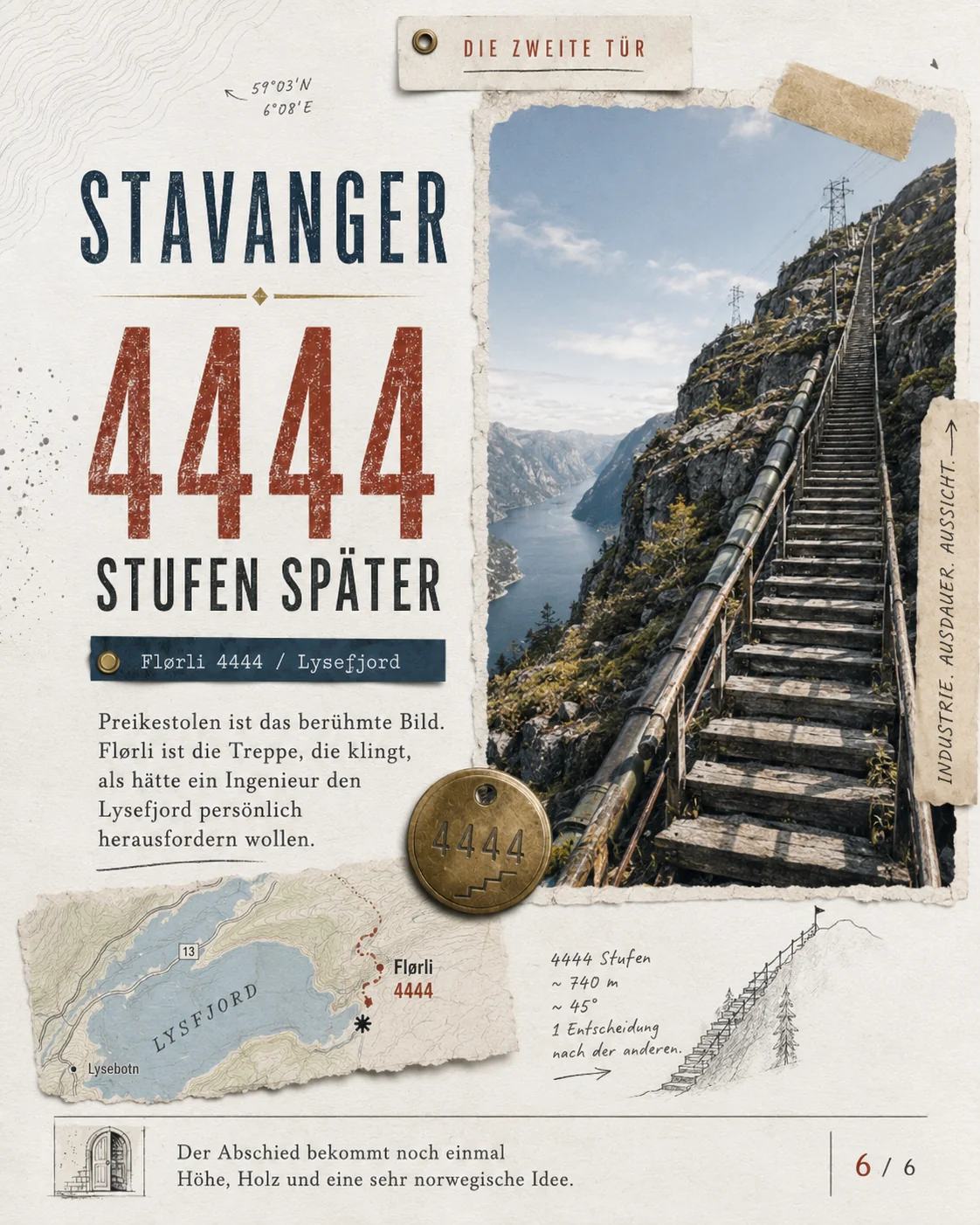 Stavanger zweite Tür: Flørli 4444, Holztreppe, Lysefjord und Kraftwerksgeschichte