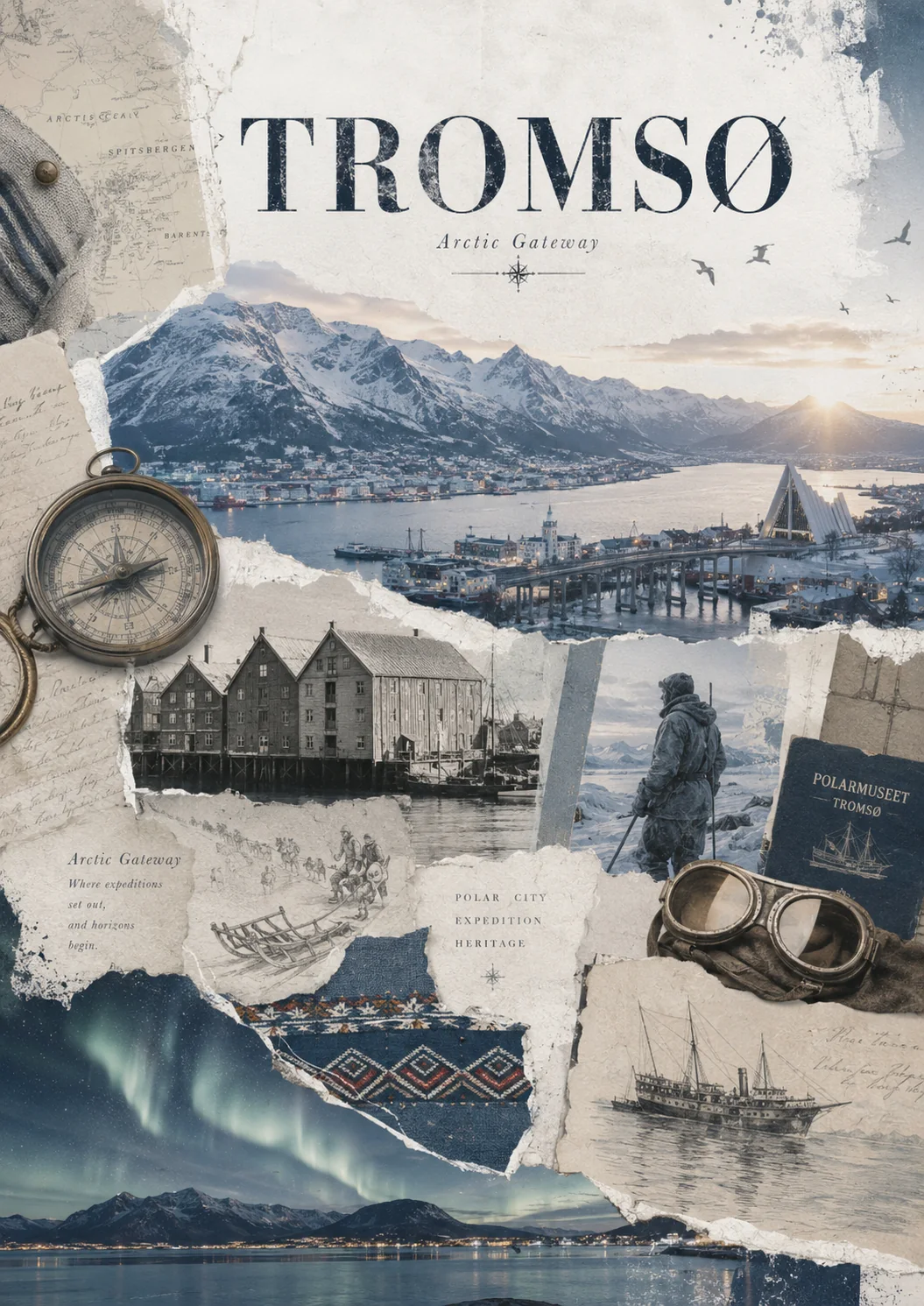 Tromsø-Archivtafel mit Eismeerkathedrale, Forschung und Hafenmotiven