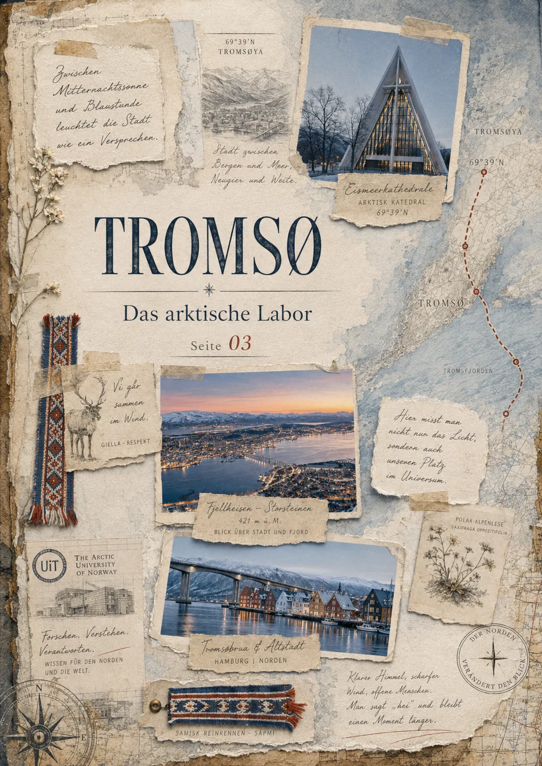 Tromsø als kuratierte Fieldbook-Tafel mit Sund, Brücke und arktischer Stadtstruktur