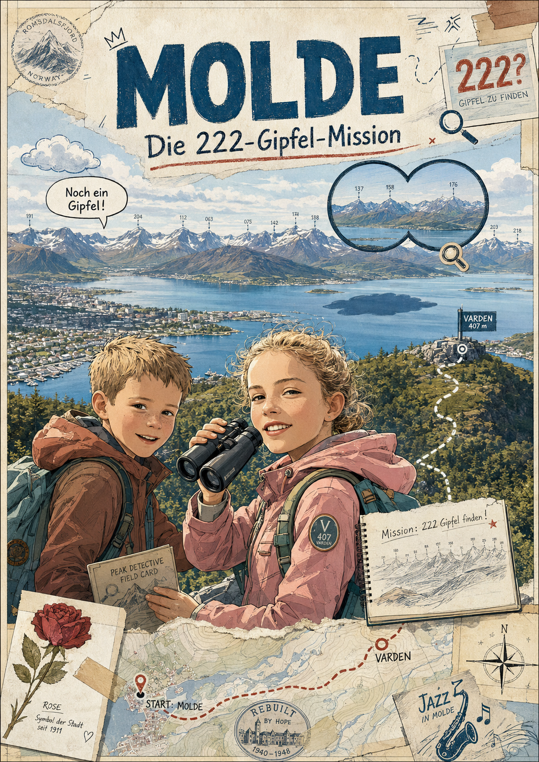 Molde · zwei Jugendliche mit Fernglas und Field-Card vor dem Moldepanorama mit 222 Gipfeln, oben rechts ein gelber Suchkreis mit ‚222?'.